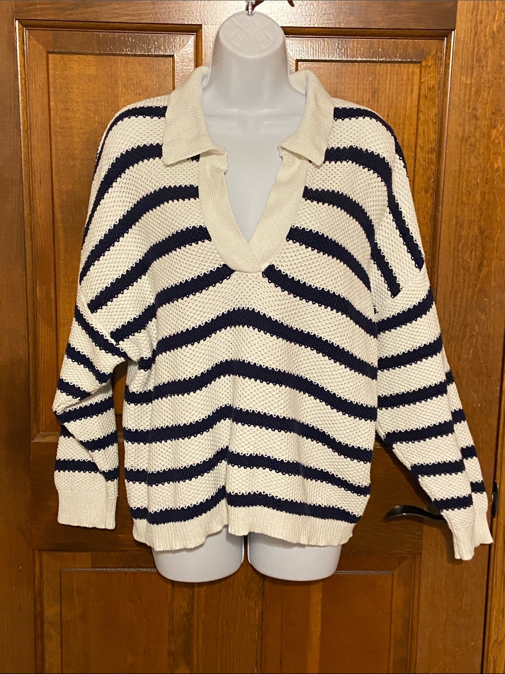 Aerie Ivy Polo Sweater Easy Fit Classic Length Nautical Navy Blue Size Medium - Picture 3 of 11